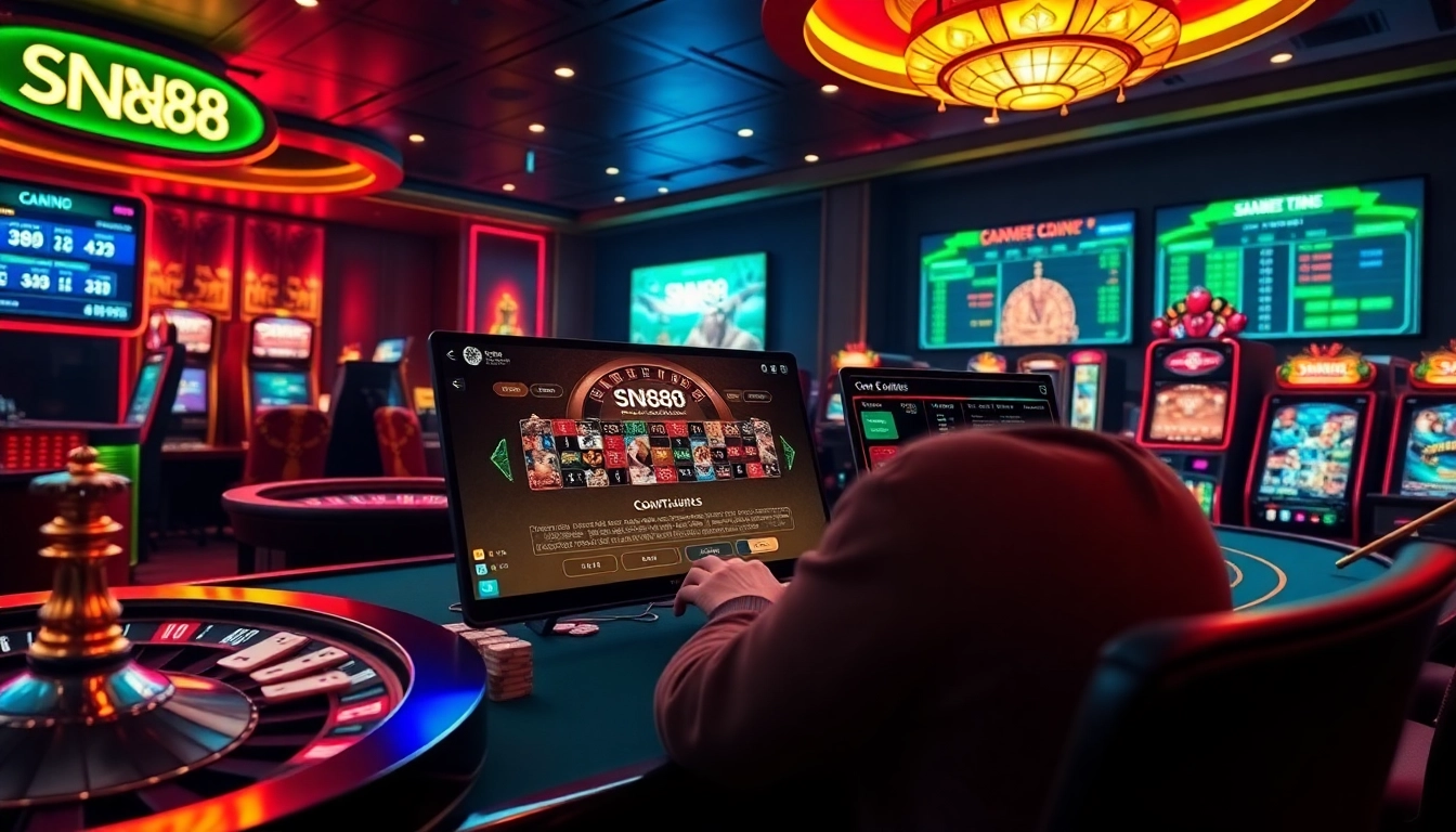 Engaging players with the SN888 online interface amidst a luxurious casino backdrop.