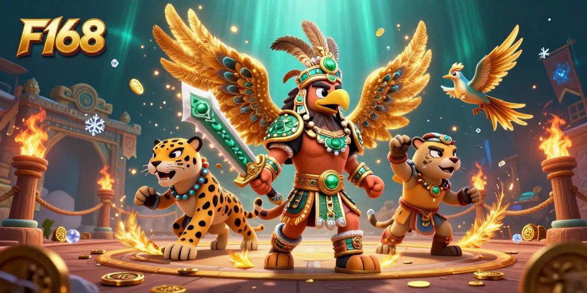 Engage with F168's thrilling gambling experience amidst a vibrant casino atmosphere with warrior imagery.