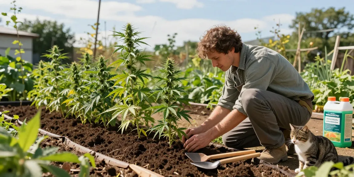 Living Soil für Cannabis, hochwertige organische Nährstoffe, nachhaltige Anbaumethoden, CBD-Produkte und gesunde Pflanzenpflege auf einem sonnigen Garten.
