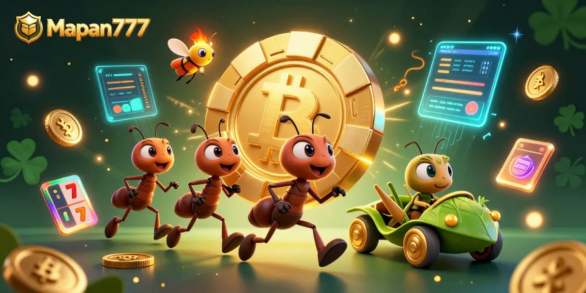 Mapan777 captures a dynamic scene with ants carrying a giant poker chip amidst vibrant casino elements.