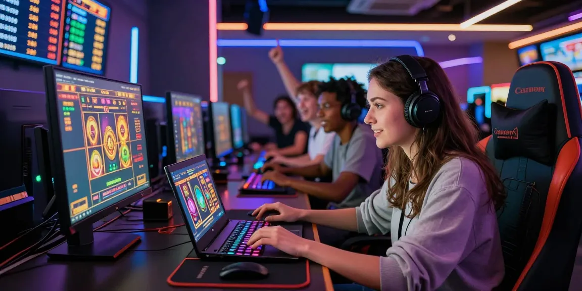 Women engaging in exciting slot games at a vibrant online casino setup, showcasing the thrill of gaming.