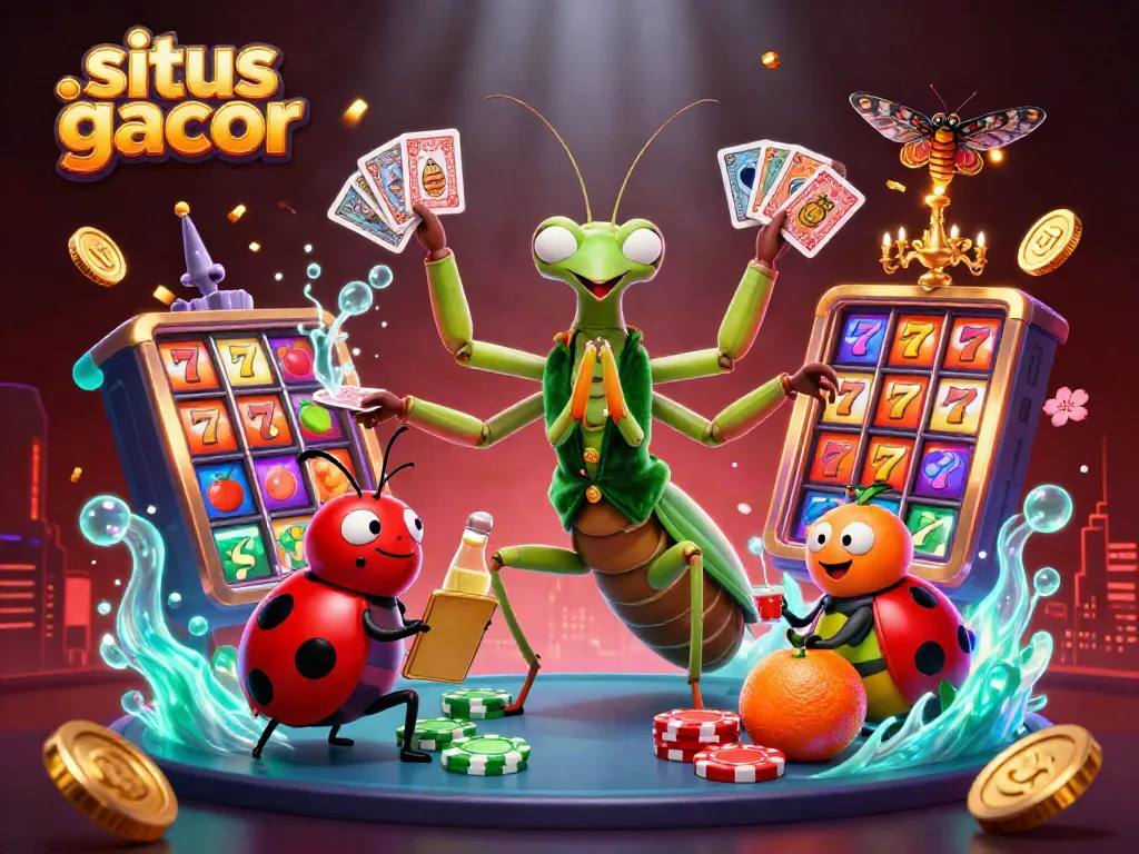 Engage with situs gacor as a giant praying mantis card sharp deals cards amidst vibrant slot reels and gold confetti.