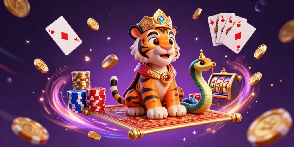 Experience the thrill of slot gacor with a vibrant 3D casino illustration showcasing a tiger sultan and magical elements.