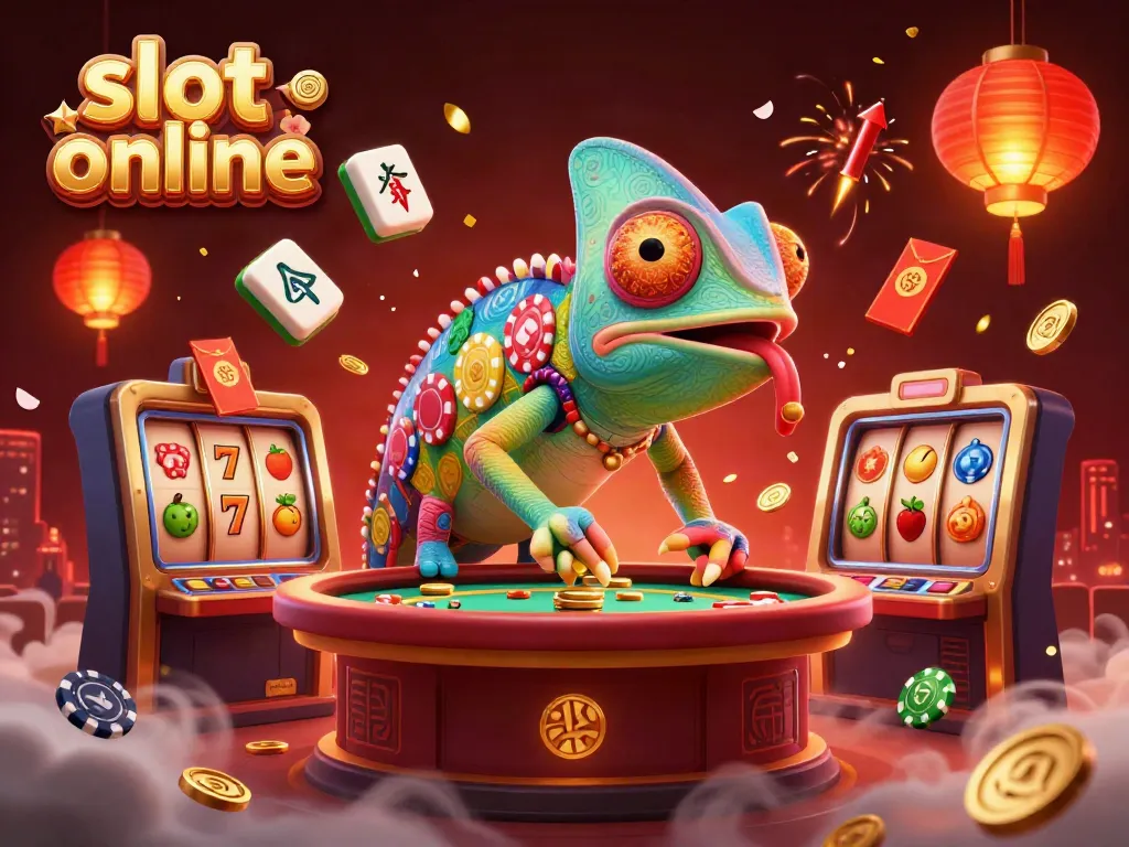 Engaging scene showcasing slot online with a colorful chameleon casino owner and dynamic slot game elements.