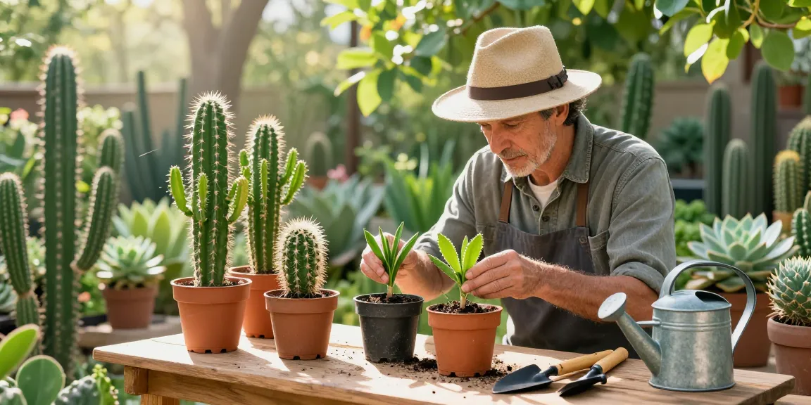 Gardener nurturing Lophophora Williamsii seedlings with San Pedro cactus powder in sunlight.