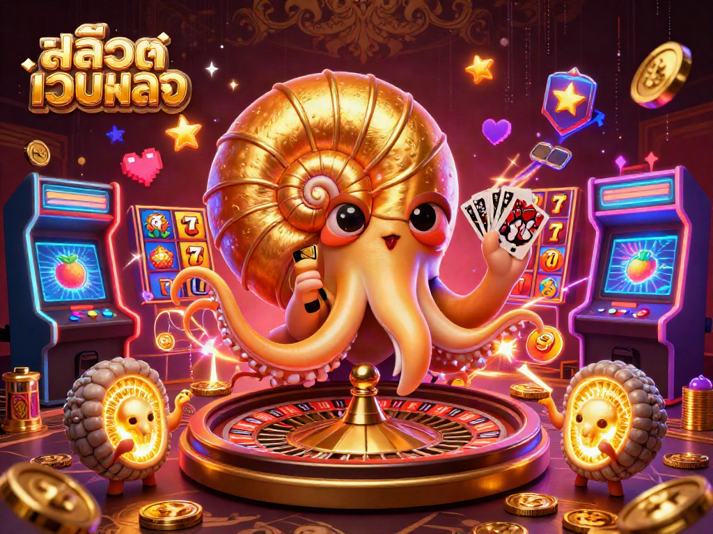 Spin the reels with สล็อตเว็บตรง as a giant nautilus reveals glowing cards in a vibrant casino scene.