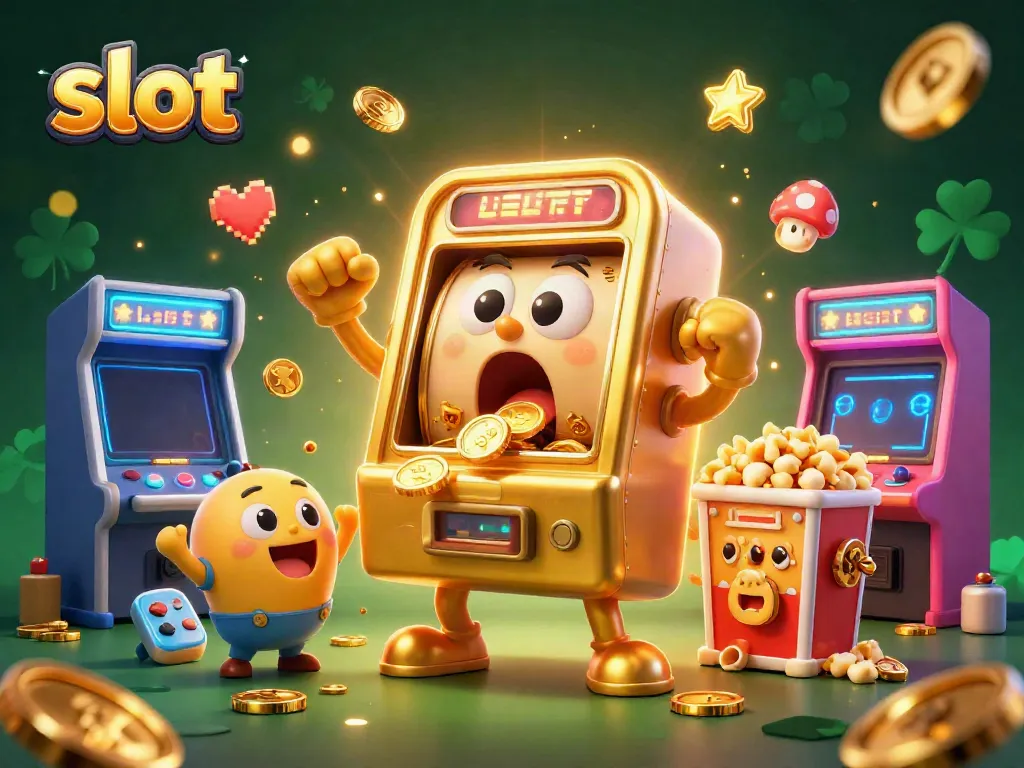 Slot gacor meroket dengan mesin slot emas karnaval yang mengeluarkan koin, dikelilingi mesin slot kecil dan popcorn.