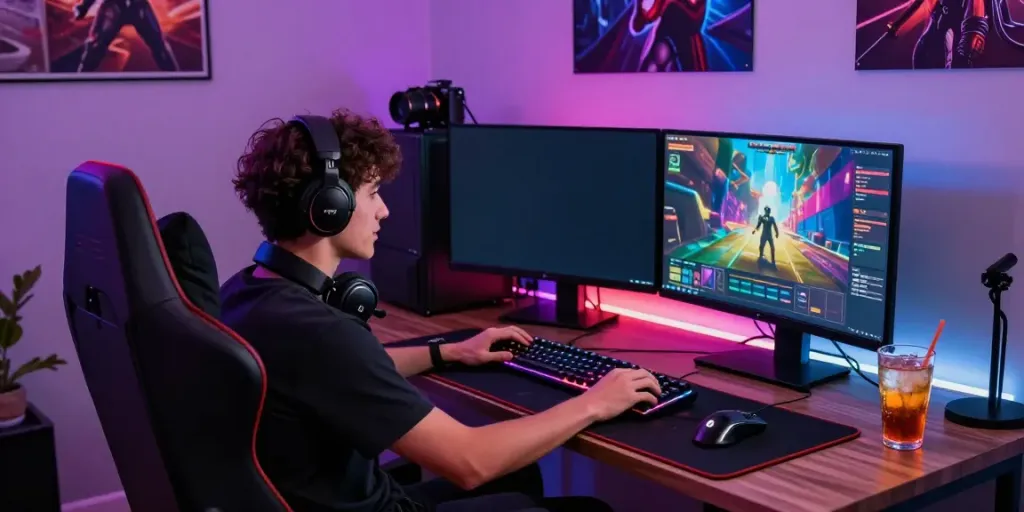 Gamer enjoying a vibrant online gaming experience at home with multiple monitors, RGB setup, and gaming gear, showcasing Hi88 excitement.