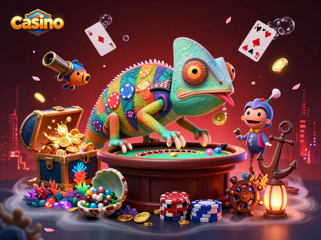 Engaging casino illustration featuring a chameleon owner, vibrant elements, and golden coins.
