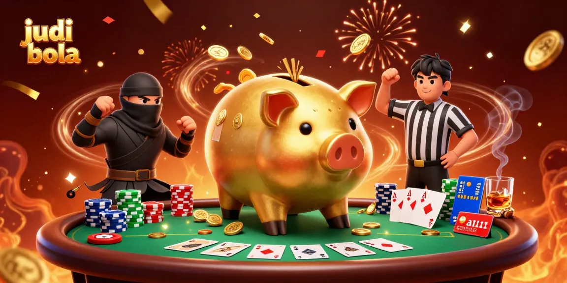 Engage in judi bola excitement with a golden piggy bank sumo wrestler in this vibrant 3D scene.