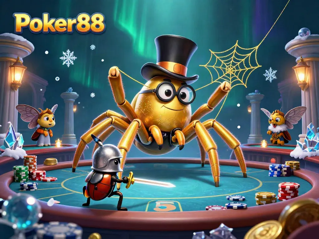 Engage in thrilling poker action with Poker88's vibrant casino-themed illustration featuring a unique golden tarantula.