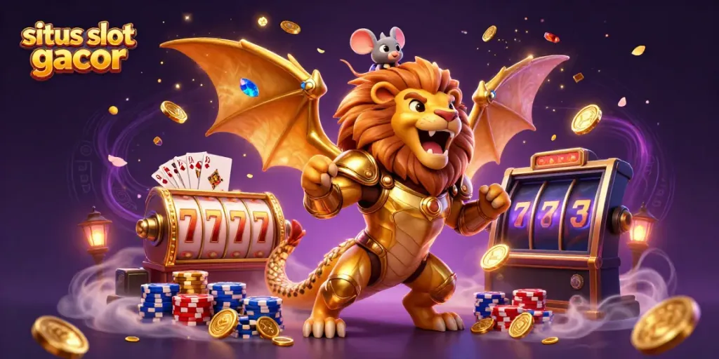 Menggandakan situs slot gacor dengan ilustrasi 3D kartun yang menampilkan karakter chimera dan elemen kasino.