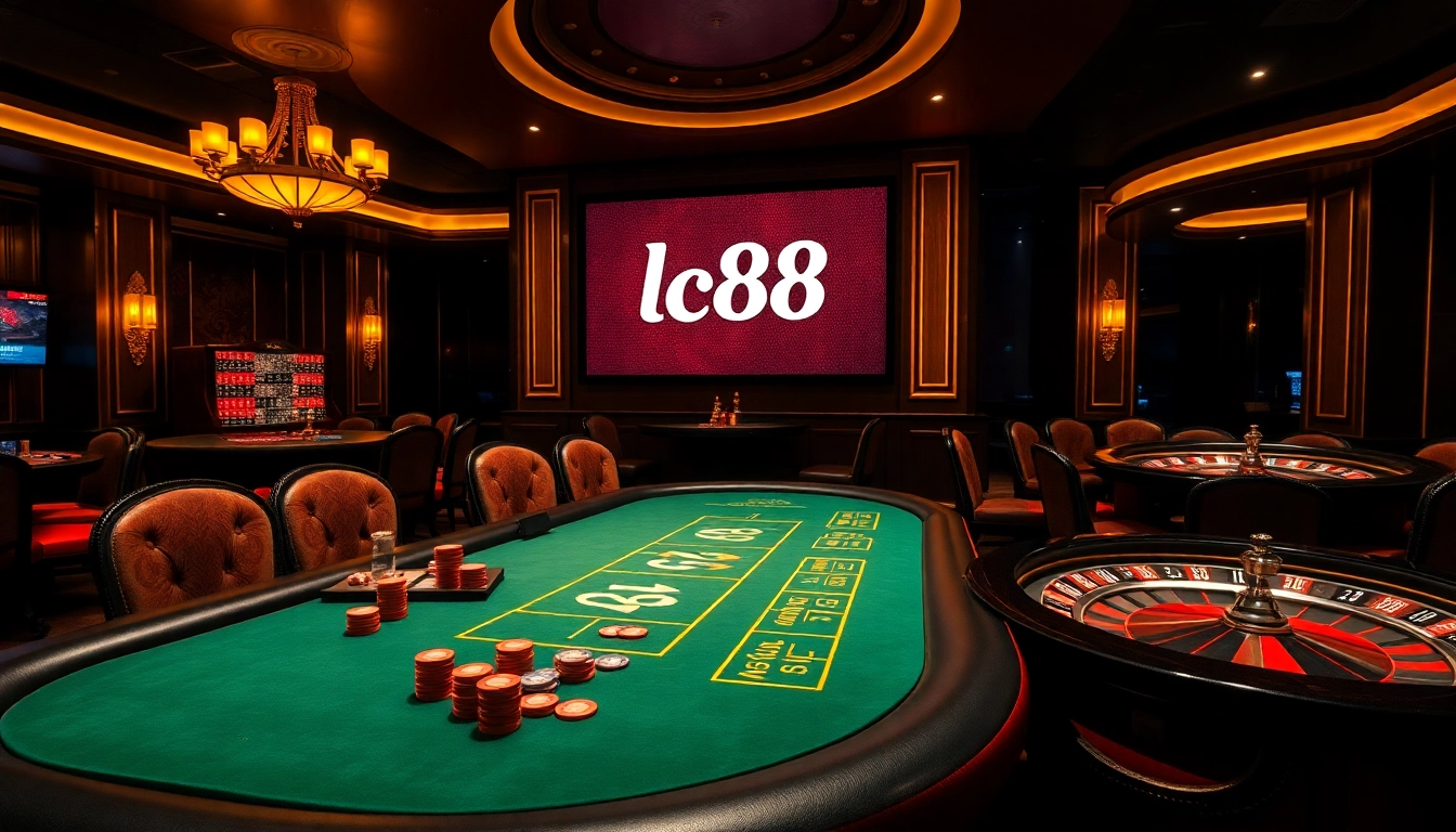 High-stakes gameplay at an Lc88 casino with vibrant poker chips and roulette wheels.