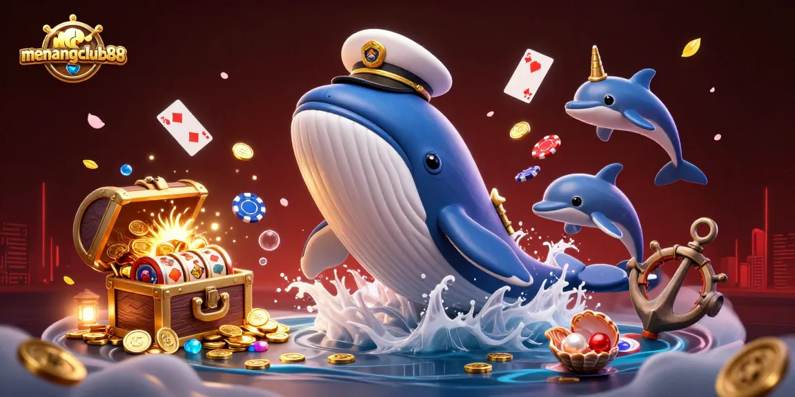 Experience thrilling gaming with menangclub88 featuring a 3D whale, narwhal, and dolphins amidst coins and casino elements.