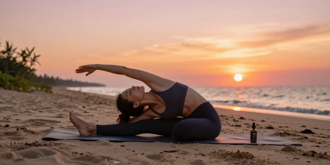 Buy CBD oil for wellness with natural hemp extract during sunset yoga on the beach.