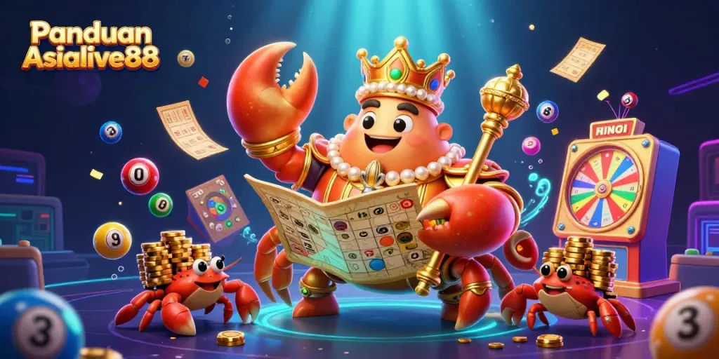 Engage with Panduan Asialive88's vibrant gaming scene featuring a golden crab emperor and dynamic lottery elements.