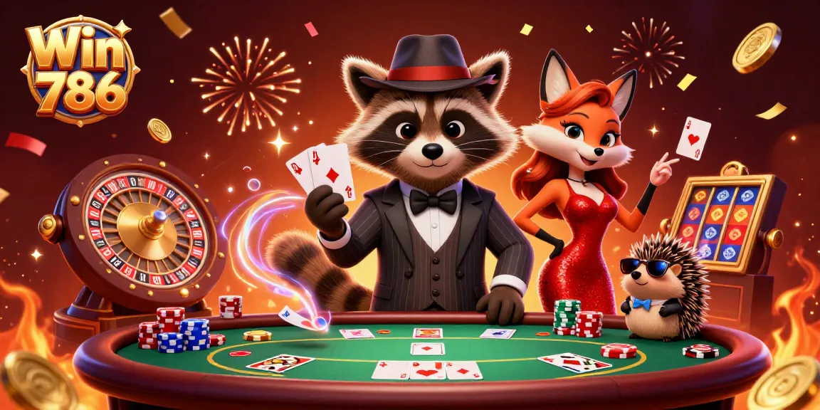 Win 786 brings excitement to the casino with dynamic characters and vibrant game elements in this stunning illustration.