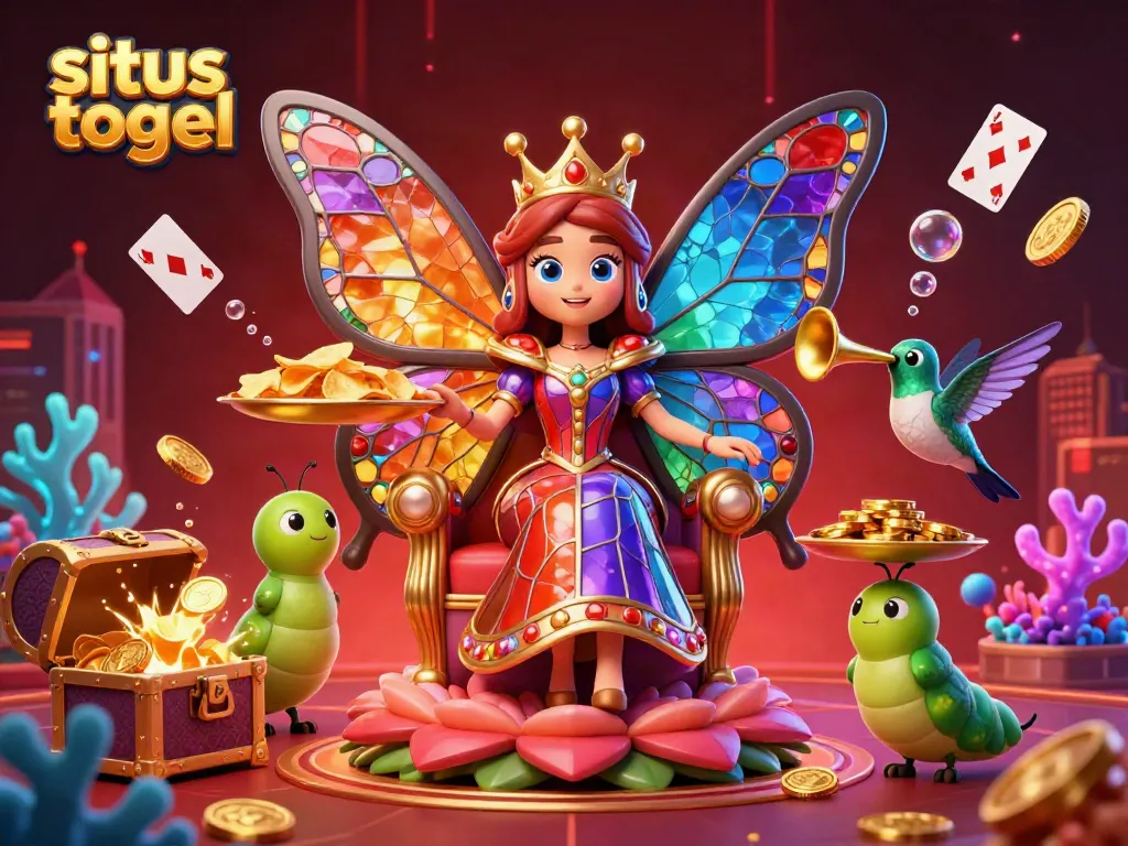 Experience vibrant casino magic with "situs togel" in an artistic 3D portrayal of a butterfly queen.