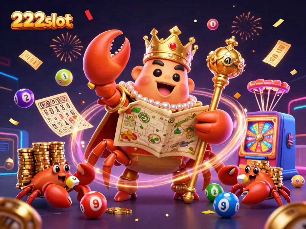 Menggambarkan momen seru bermain di 222slot dengan karakter utama, kepiting emas raksasa dan suasana kasino meriah.