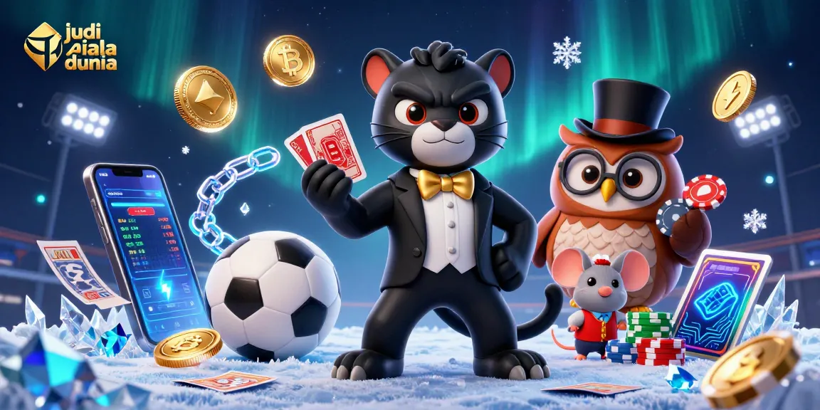 Engage in judi piala dunia with stylish panther dealer surrounded by vibrant sports betting elements and crypto currency.