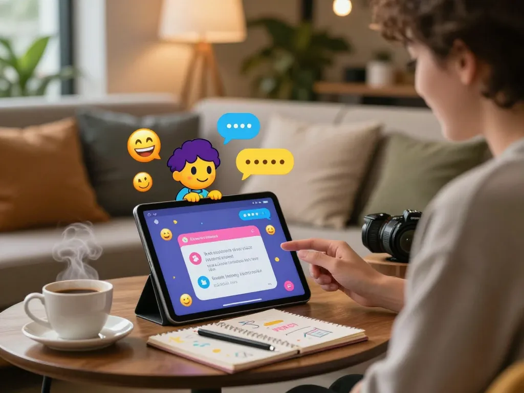 Engaging spicychat conversation on a tablet in a cozy lounge setting.