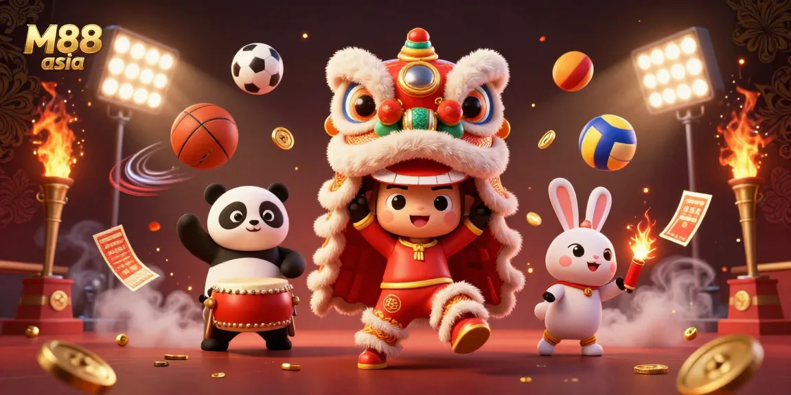 Experience thrilling gameplay at M88 asia with vibrant 3D illustrations of festive characters in action.