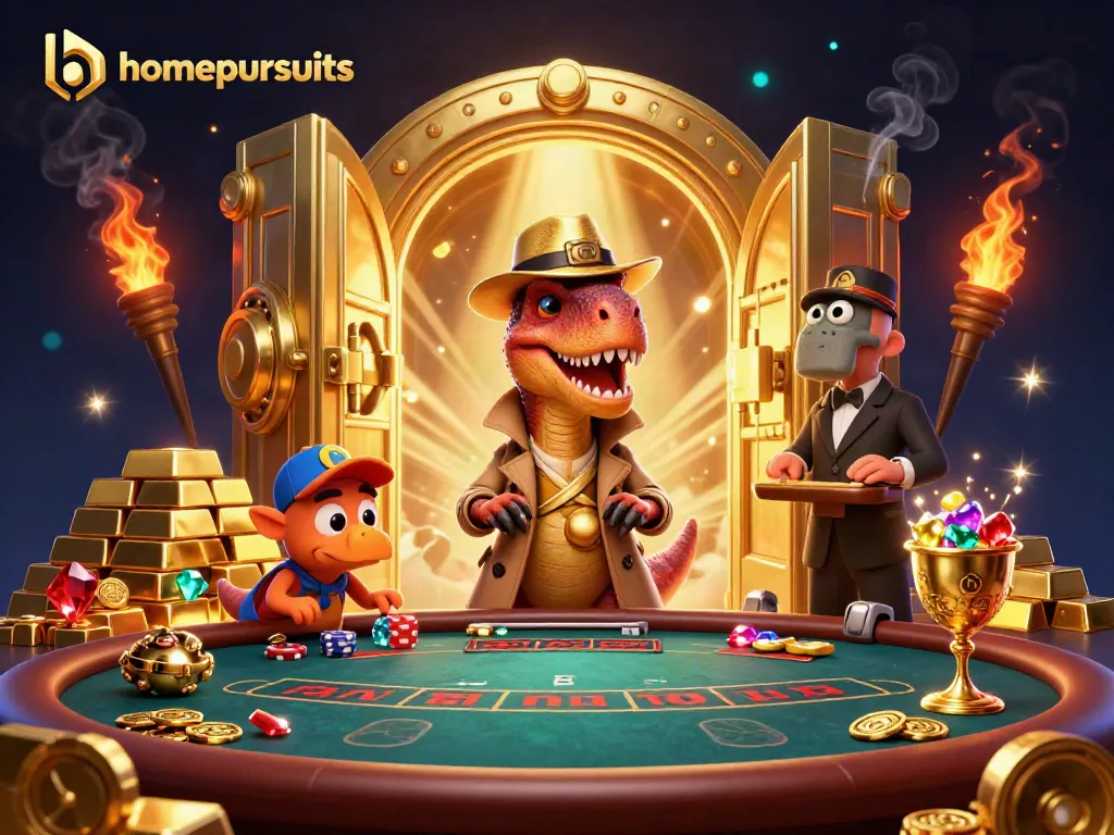 Gambarkan momen menarik dalam permainan judi dengan homepursuits, velociraptor tertangkap basah di meja blackjack.