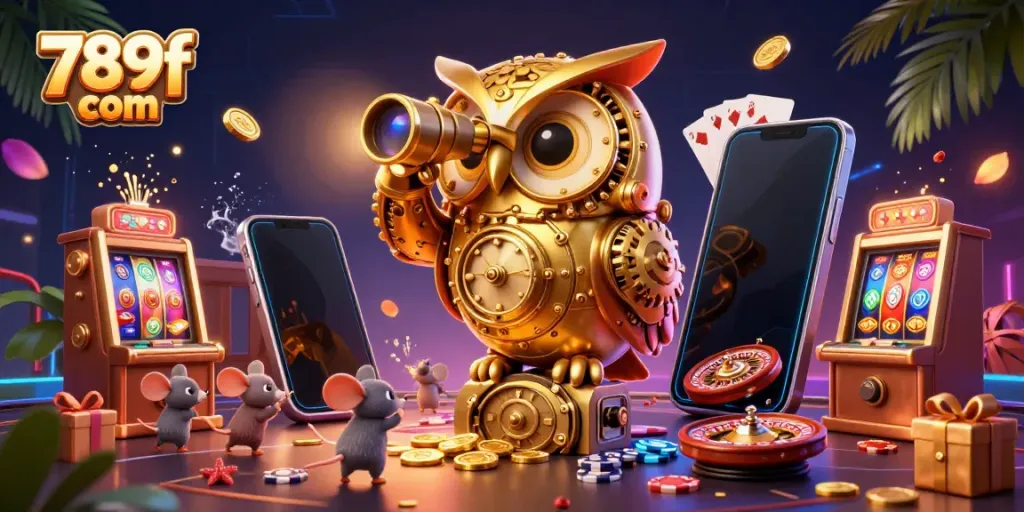 Engage with 789f com's vibrant casino scene featuring a clockwork owl amidst exciting slot game elements.