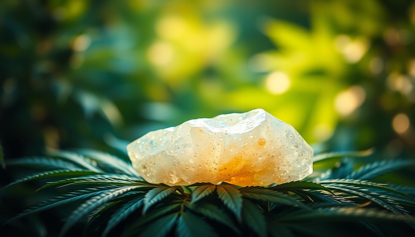Purchase high-quality bubble hash online displayed beautifully on fresh cannabis leaves.