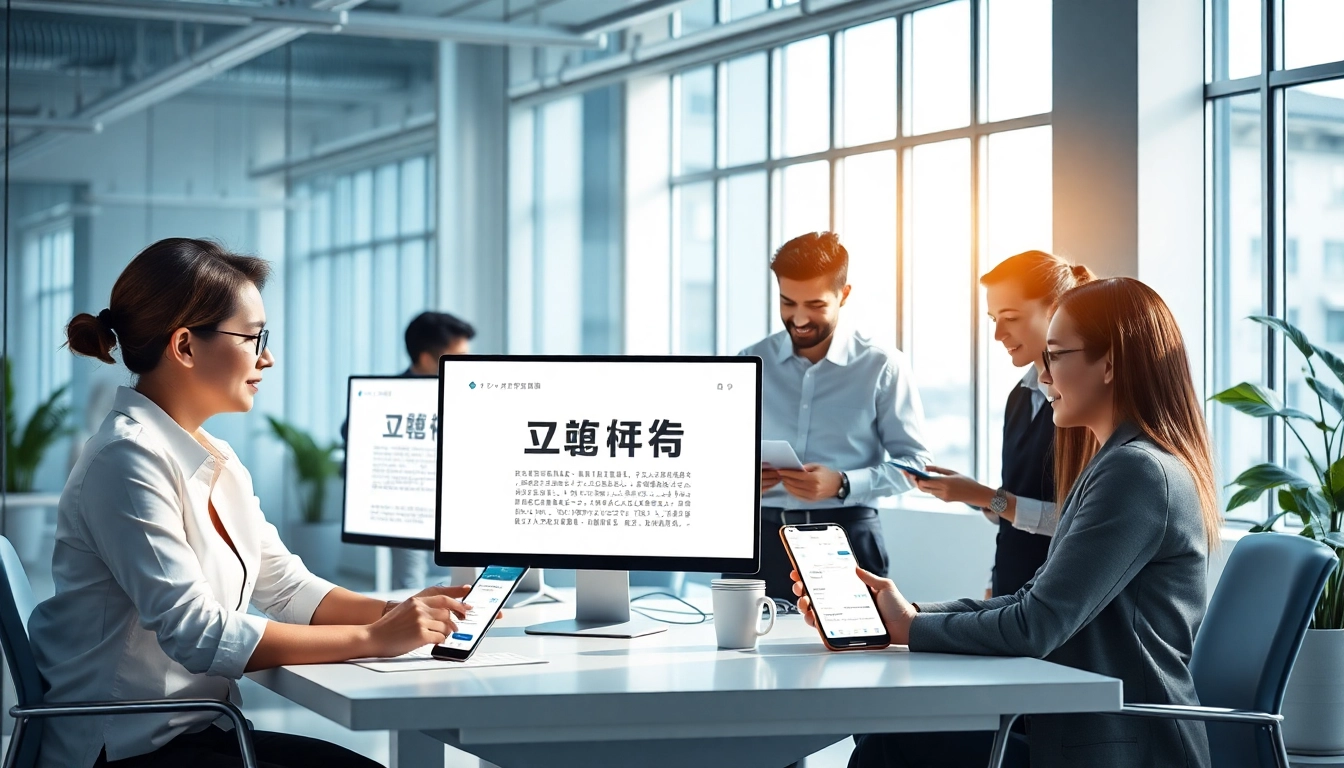 Efficient professionals using the 有道翻译下载 app in a modern workspace for seamless language translation.