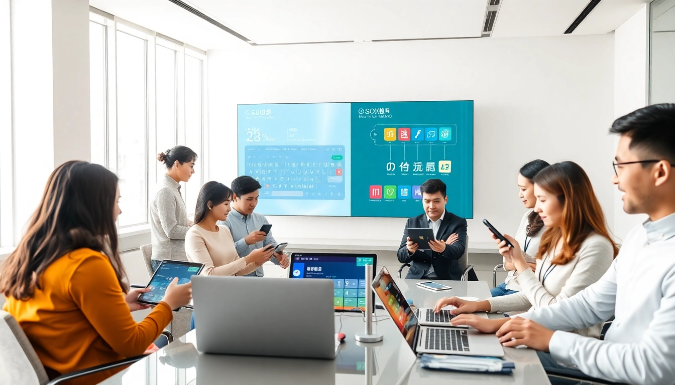 Sogou Input Method enhancing collaboration in a modern office with various devices and personalized keyboard skins.