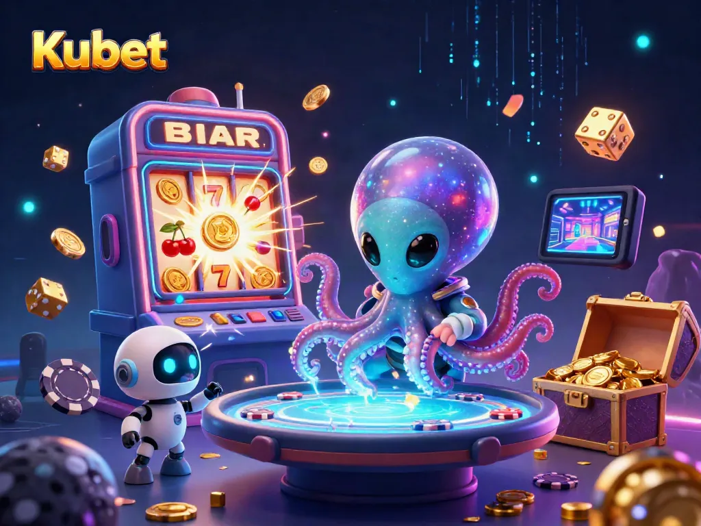 Kubet showcases a lively alien octopus at a holographic poker table with jackpot wins and exciting casino elements.