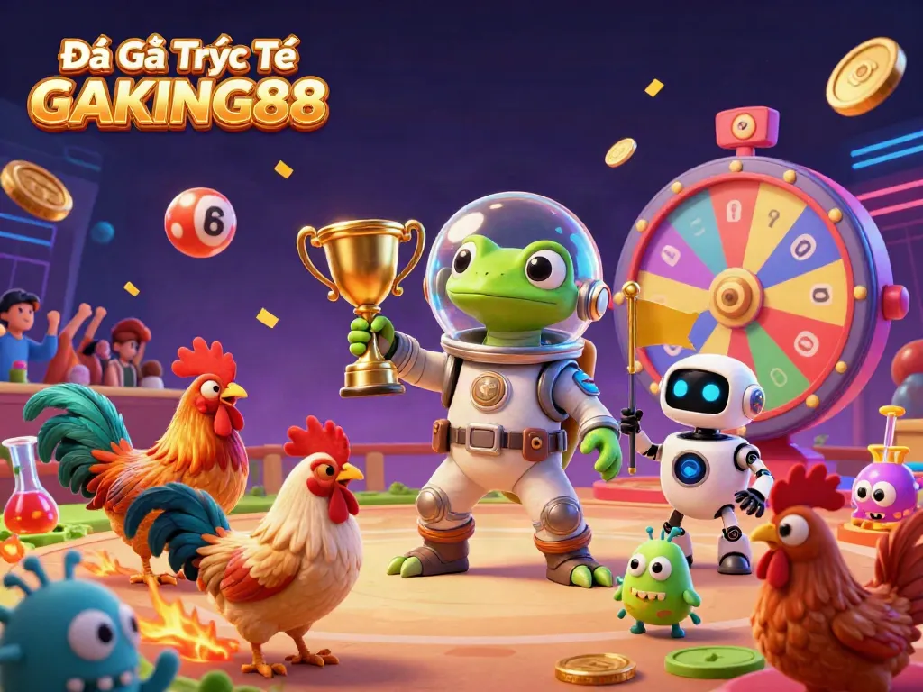 Watch Đá Gà Trực Tiếp GAKING88 come alive with this vibrant illustration of a dynamic cockfighting arena.