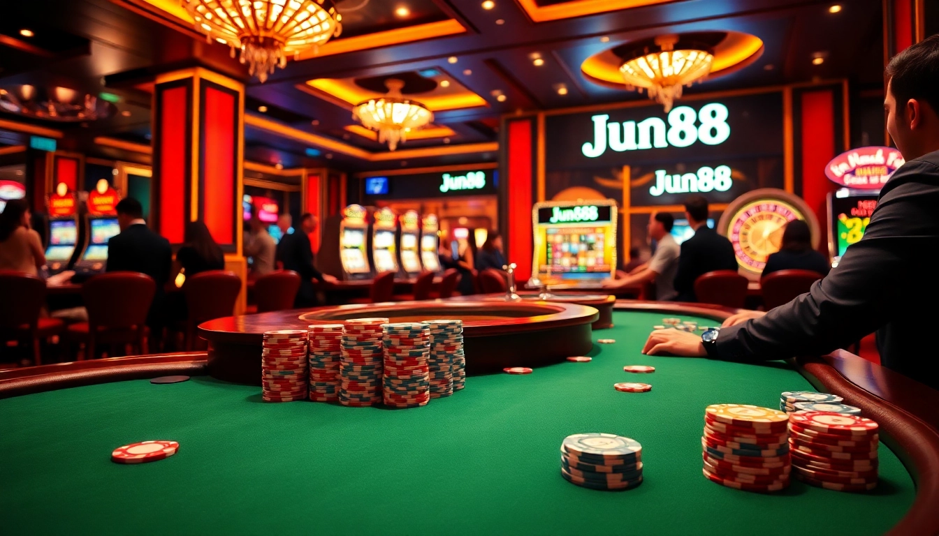 Players enjoying high-stakes poker at Jun88's luxurious casino table with vibrant chips.