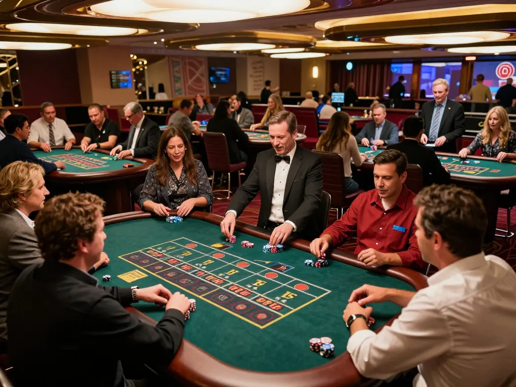 ATQ players engaging in intense gameplay at luxurious casino tables with vibrant lights.