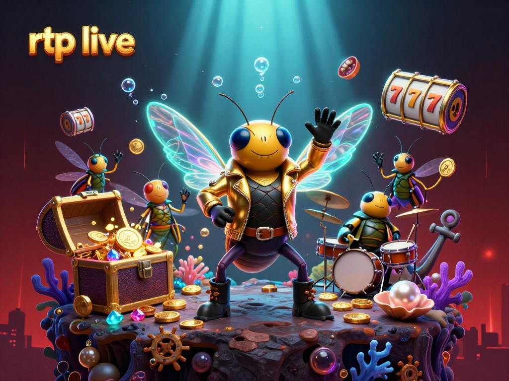 Experience the excitement of rtp live with a vibrant casino scene featuring a cicada rock star and slot machines.