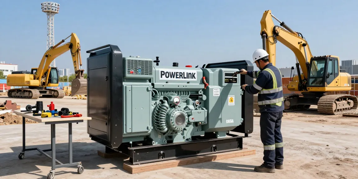 Technician maintaining a PowerLink diesel generator at an outdoor construction site.