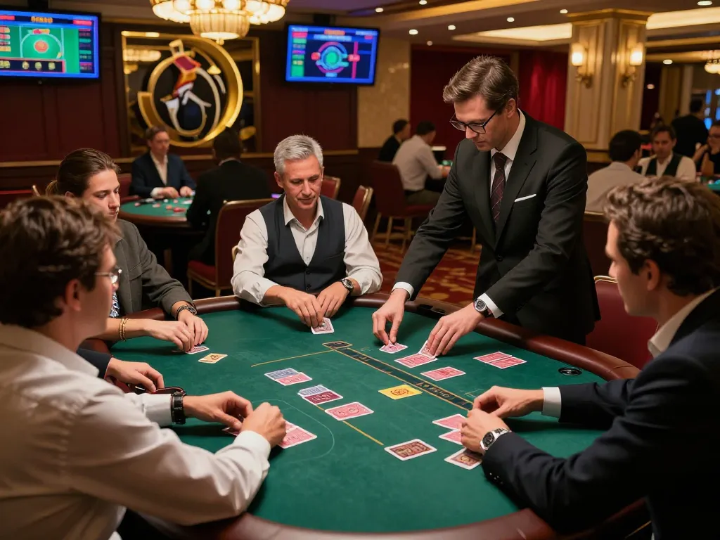 Players engaged in a blackjack game at HB88, displaying strategy and excitement in a luxurious casino setting.