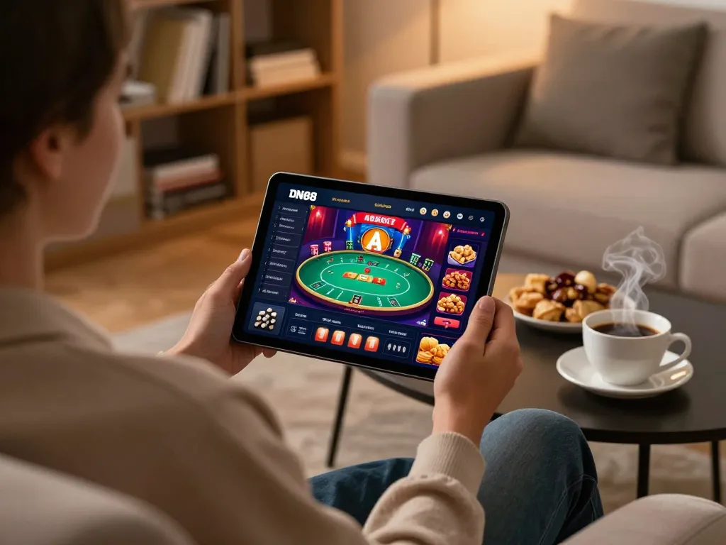 Engaging player enjoying DN88 online poker game on tablet in cozy home setting.