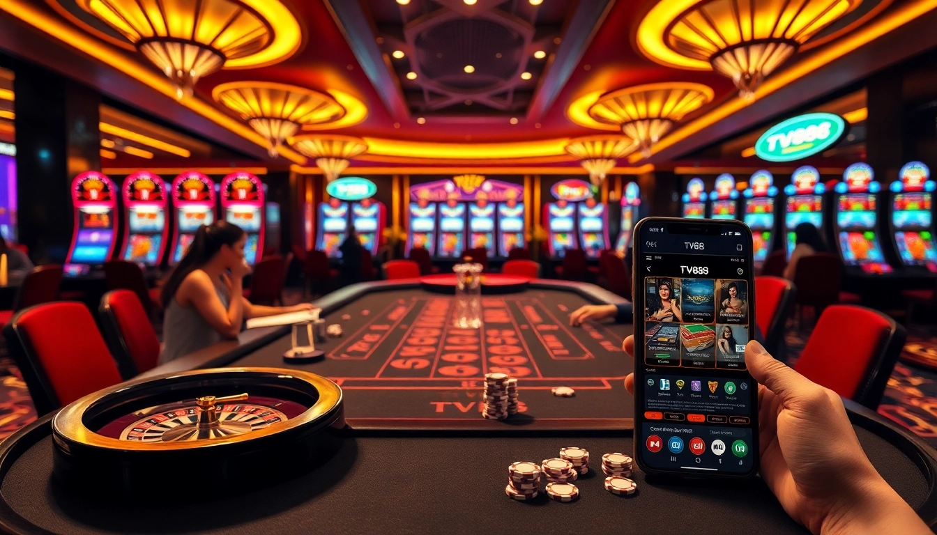 Engaged gamblers enjoying luxury gaming at TV88 casino, featuring vibrant tables and slot machines.