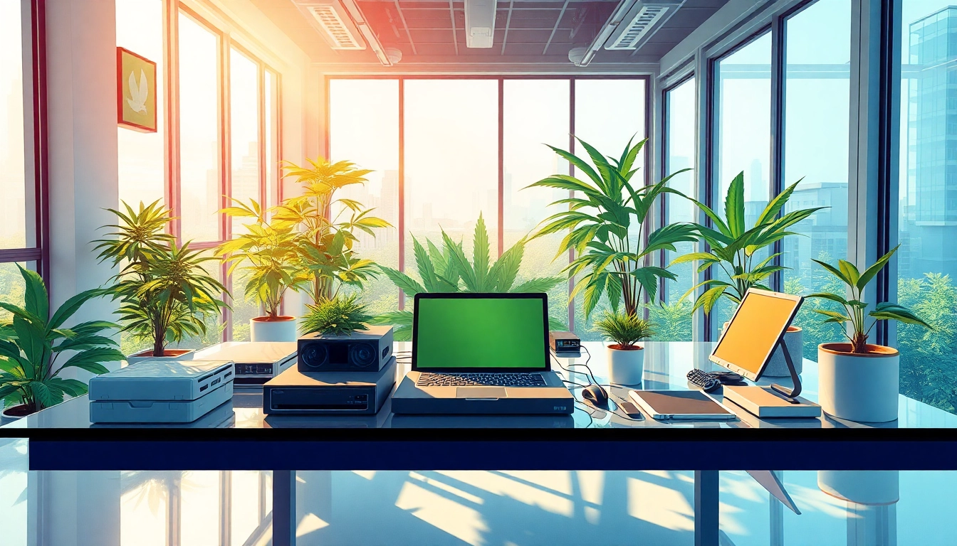 Visual representation of GEEK THC showcasing a modern workspace with technology and cannabis elements.