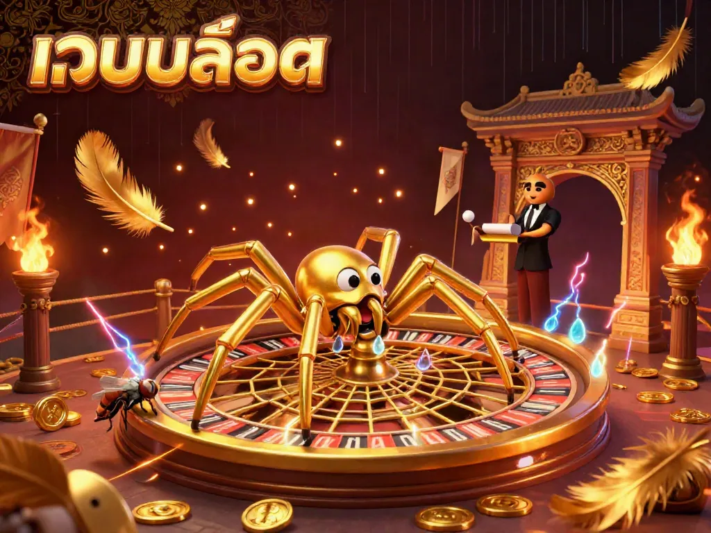 Engage in เว็บสล็อต with vibrant, dynamic casino elements featuring a golden spider and croupier.