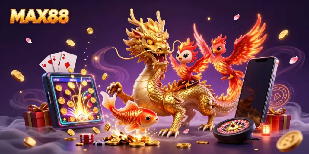 Experience MAX88 with a fierce dragon, phoenix, and koi fish among thrilling casino elements for gambling.