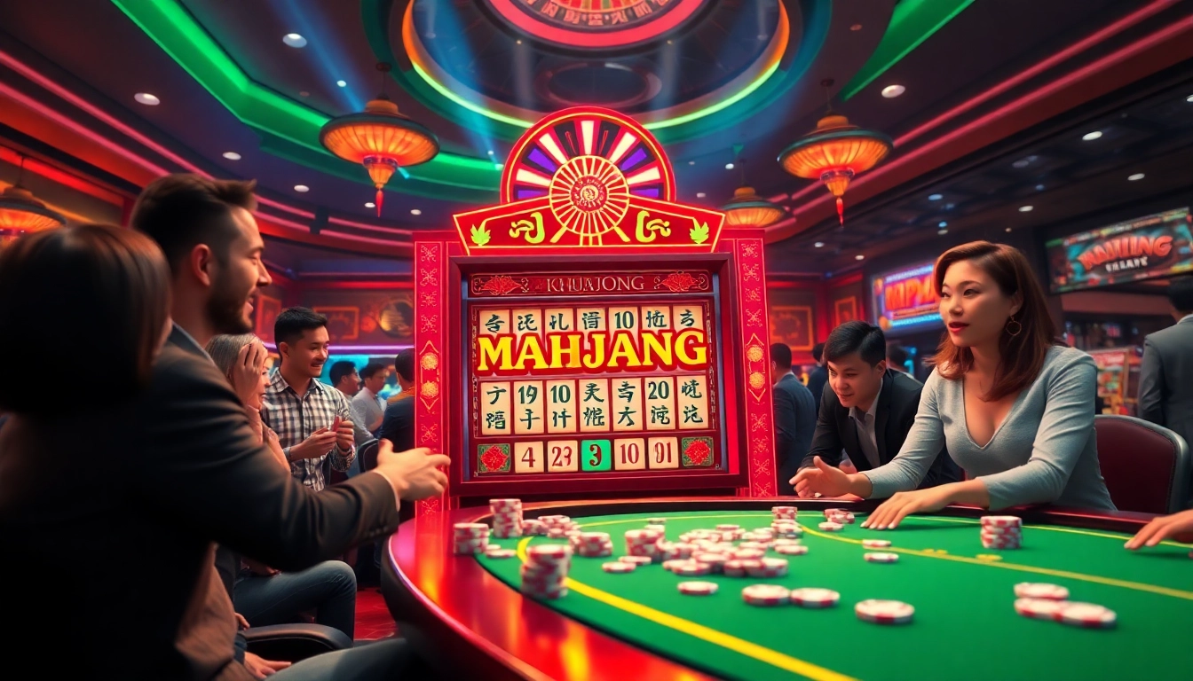 Engage in the mahjong slot demo with vibrant visuals of casino excitement and animated players.