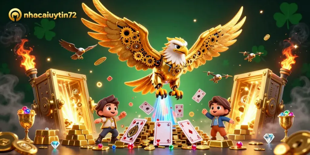 Experience the thrill of online gambling at nhacaiuytin72 with vibrant casino-themed elements and dazzling treasures.