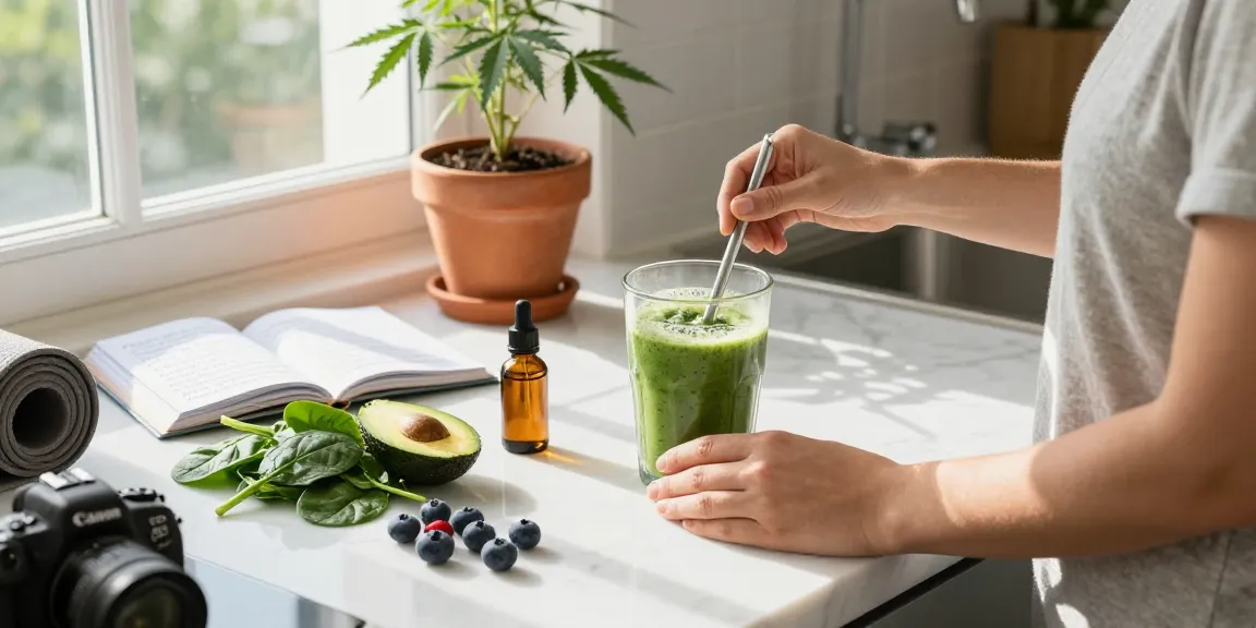 cali weed CBD oil and fresh hemp extract used in a morning wellness smoothie preparation