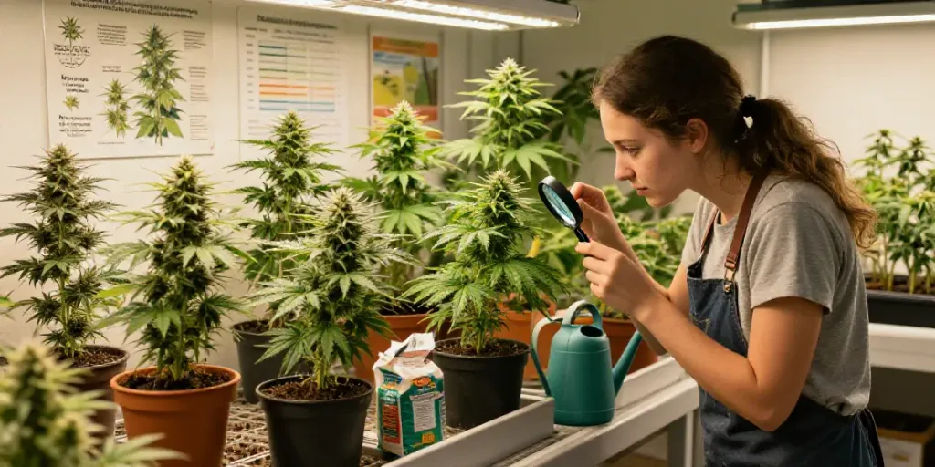 Eine Gärtnerin inspiziert Cannabissamen beim Anbau in einem hell erleuchteten Indoor-Garten, Cannabissamen kaufen leicht gemacht.