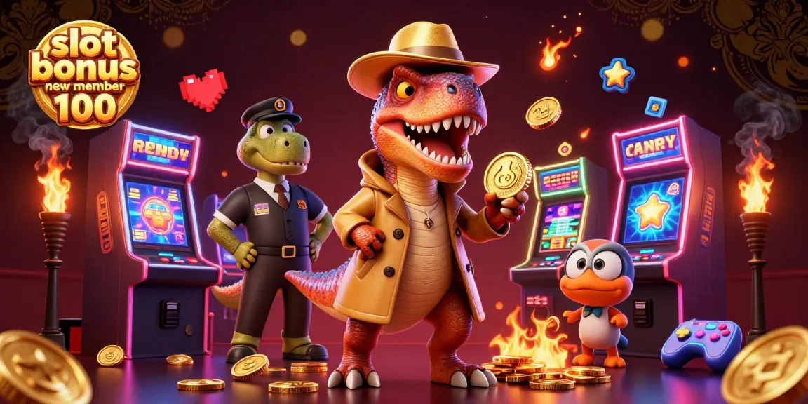 Slot bonus anggota baru 100 memperlihatkan velociraptor dan pit boss dinosaurus di mesin slot.