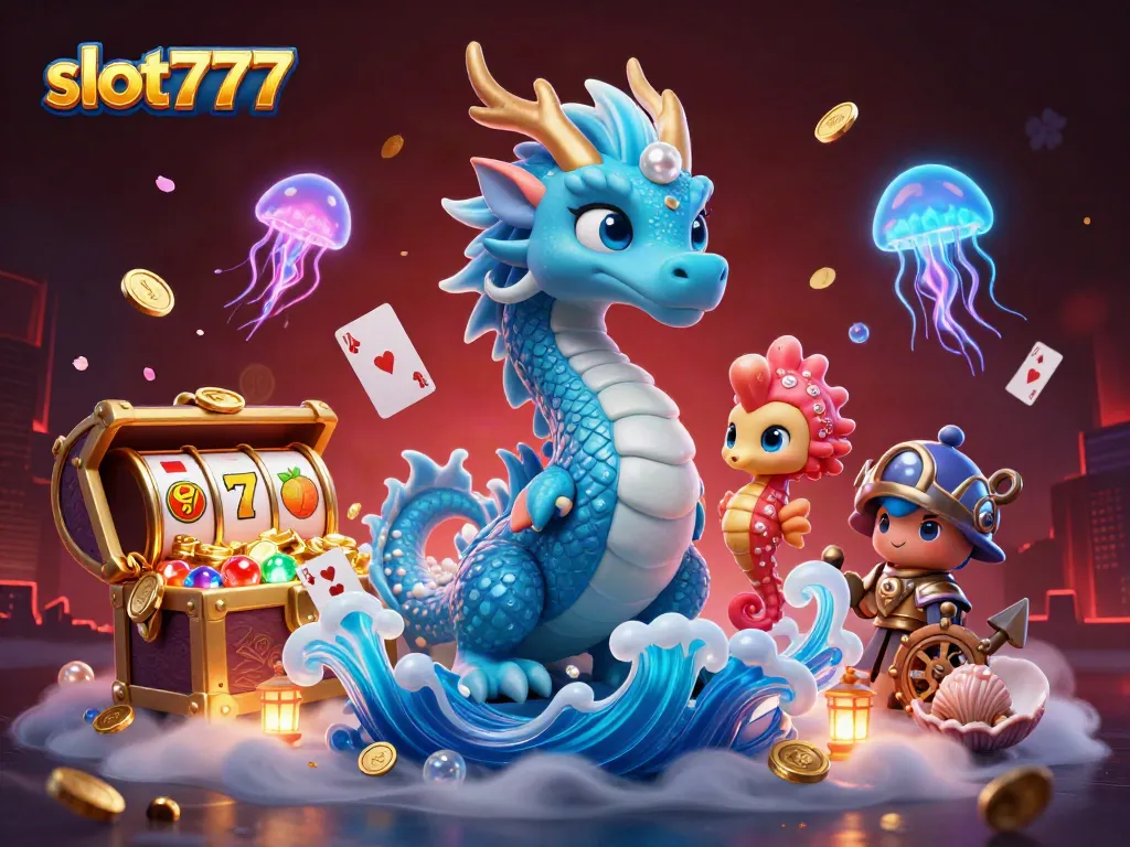 Permainan slot777 menampilkan naga laut biru yang megah dan ksatria kuda laut dalam armor karang, dikelilingi harta karun bawah laut.