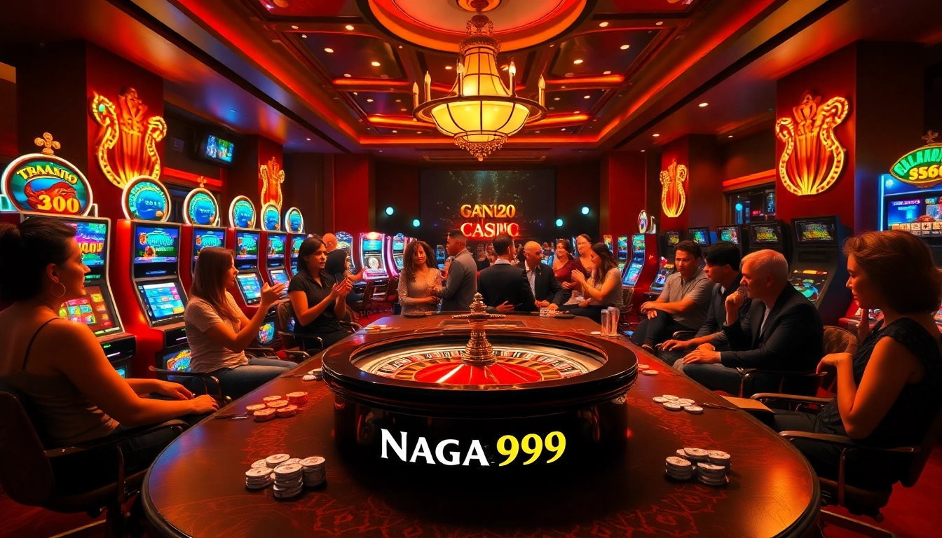 Naga99 showcases players winning big at a vibrant casino table with roulette and slot machines.